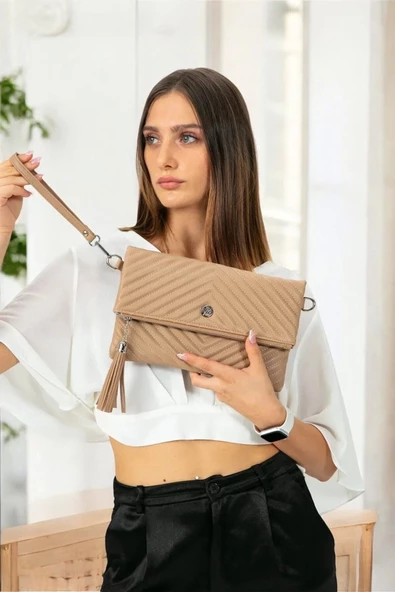 Uzun Askılı Kadın Vizon Clutch Portföy Çantası - 2