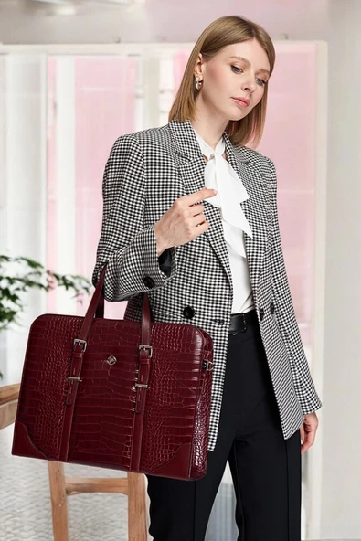 Unisex Lüx 14-15.6" inç Bordo Kroko Ofis Evrak Laptop Çantası
