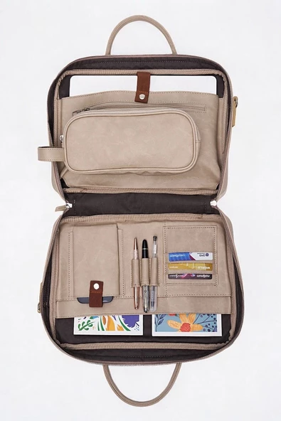 Macbook Fonksiyonel Organizer 13-14" İnç Crazy Bej Notebook Laptop Evrak Çantası - 5