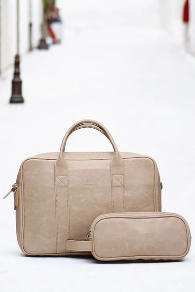 Macbook Fonksiyonel Organizer 13-14" İnç Crazy Bej Notebook Laptop Evrak Çantası - 4