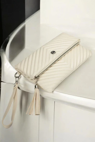 Uzun Askılı Kadın Ekru Clutch Portföy Çantası - 4
