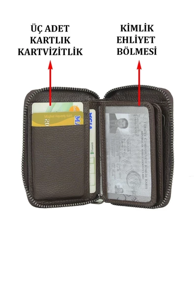 Hakiki Deri Fermuarlı Kahverengi Kartlık Cüzdan - 3