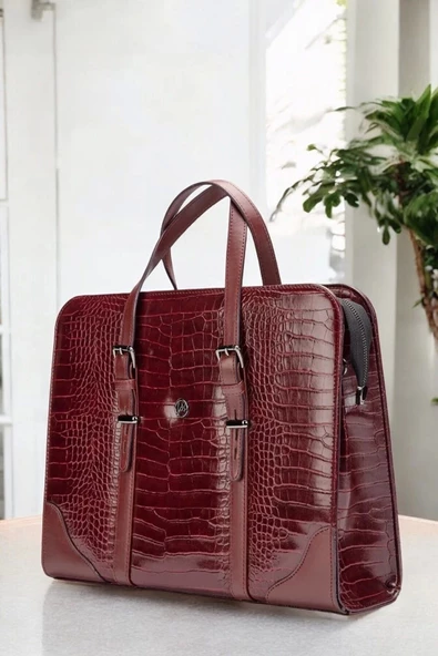 Unisex Lüx 14-15.6" inç Bordo Kroko Ofis Evrak Laptop Çantası - 4