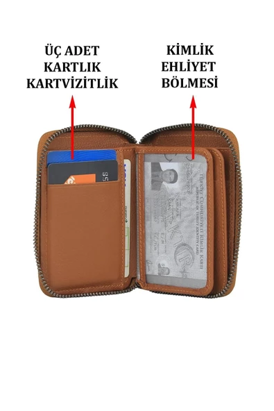 Hakiki Deri Fermuarlı Taba Kartlık Cüzdan - 3