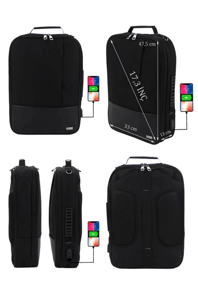 17,3 inç Sportif Keten Kumaş Siyah Laptop Sırt El Ve Omuz Çantası - 3