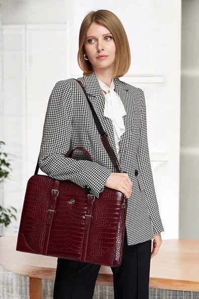 Unisex Lüx 14-15.6" inç Bordo Kroko Ofis Evrak Laptop Çantası - 2