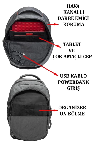 Sportif Darbe Emici Su Geçirmez 13,3-14 inç Antrasit Laptop Sırt Çantası - 6