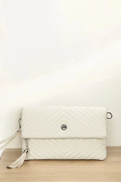 Uzun Askılı Kadın Ekru Clutch Portföy Çantası - 5
