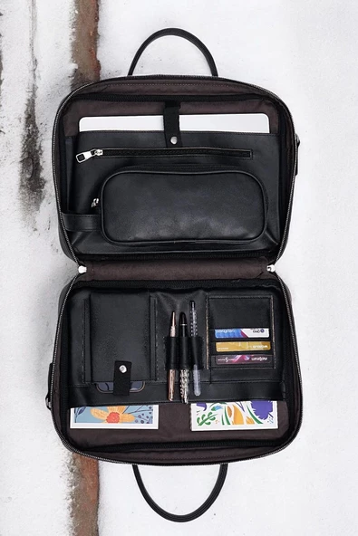 Macbook Fonksiyonel Organizer 13-14" İnç Siyah Notebook Laptop Evrak Çantası - 6