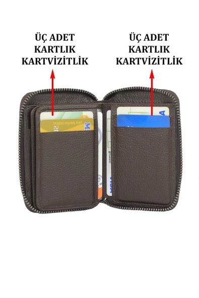 Hakiki Deri Fermuarlı Kahverengi Kartlık Cüzdan - 5