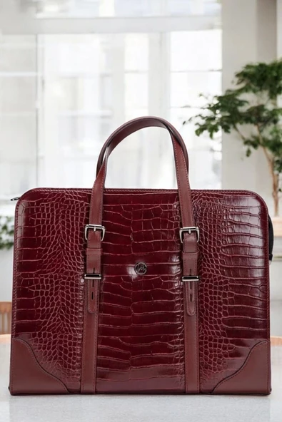 Unisex Lüx 14-15.6" inç Bordo Kroko Ofis Evrak Laptop Çantası - 3