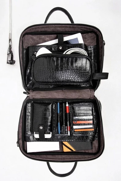 Macbook Fonksiyonel Organizer 13-14" İnç Kroko Siyah Notebook Laptop Evrak Çantası - 4