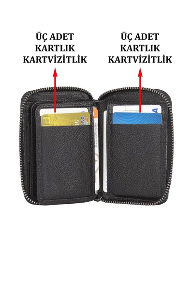 Hakiki Deri Fermuarlı Siyah Kartlık Cüzdan - 2