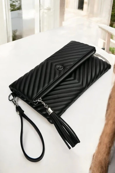 Uzun Askılı Kadın Siyah Clutch Portföy Çantası - 6