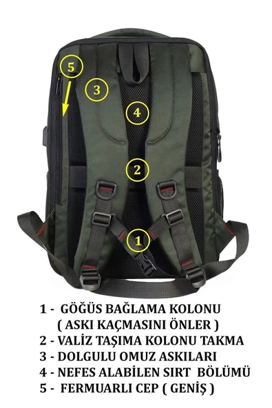 Sportif Su Geçirmez 14 - 15,6 inç Haki Notebook Laptop Sırt Çantası - 6