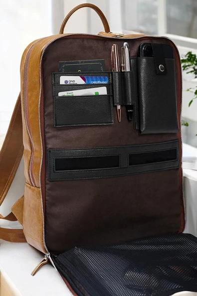 Organizer Premium Deri 16" inç Crazy Taba Sırt Laptop Çantası - 6