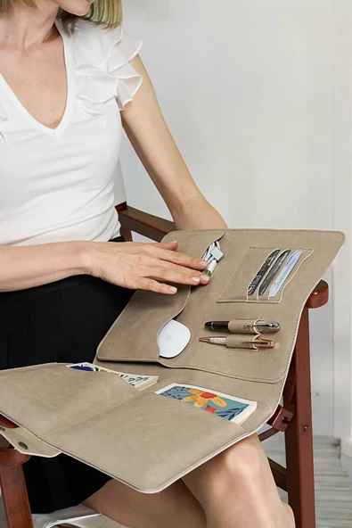 Lüx Macbook Air Pro 13-14 İnç Ofis Organizer Crazy Bej Evrak & Laptop & Tablet Çantası - 3