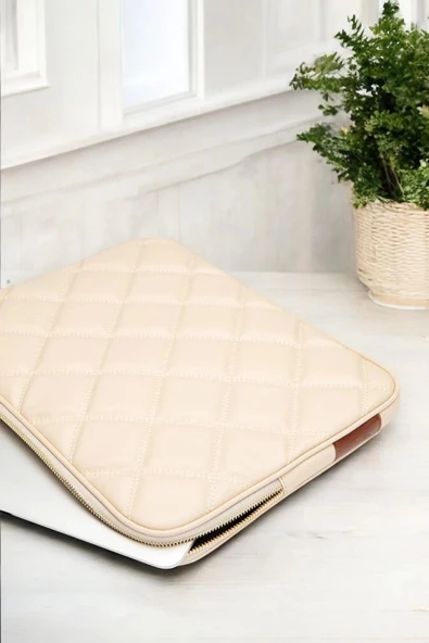Kapitone Macbook Air Pro 13.3 & 14 İnç Bej Laptop Tablet Kılıfı - 7