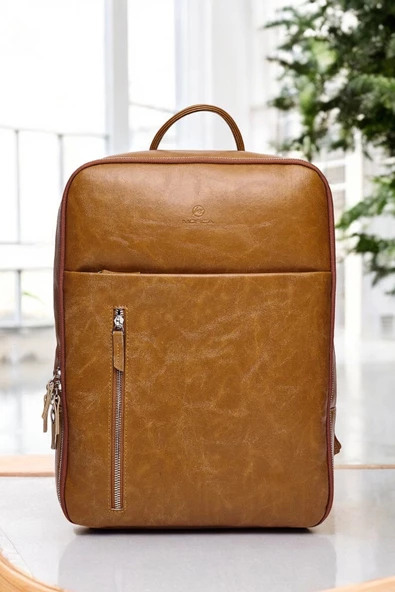 Organizer Premium Deri 16" inç Crazy Taba Sırt Laptop Çantası - 8