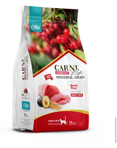 Carni Life Kızılcıklı, Biftek Etli & Erikli Yetişkin Kedi Maması (1,5 kg)