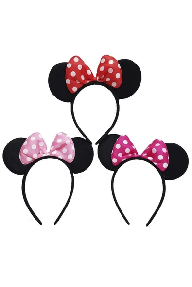 Mickey - Mini Mouse Taç Fiyonklu Taç 3 Adet - Kırmızı - Pembe - Fuşya