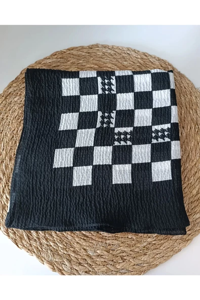 Siyah Beyaz Desenli Soft Pamuklu Eşarp, Fular - 2