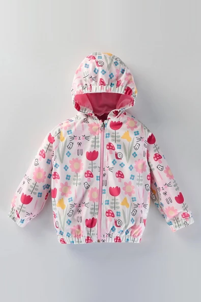 Sevimli Tavşan ve Çiçek Figürlü Kapşonlu Pamuk Astarlı Erkek Kız Bebek Yağmurluk Mont Tulum Çocuk - 3