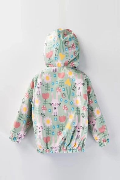 Sevimli Tavşan ve Çiçek Figürlü Kapşonlu Pamuk Astarlı Erkek Kız Bebek Yağmurluk Mont Tulum Çocuk - 10