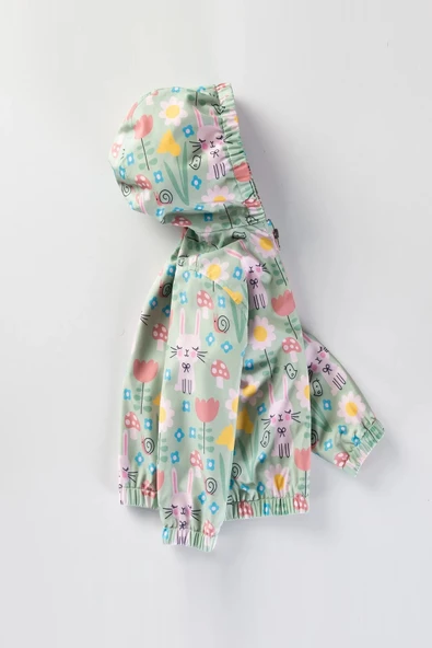 Sevimli Tavşan ve Çiçek Figürlü Kapşonlu Pamuk Astarlı Erkek Kız Bebek Yağmurluk Mont Tulum Çocuk - 4