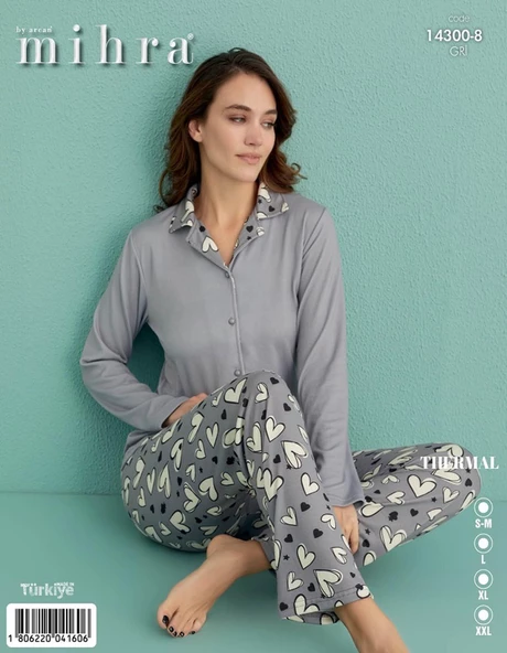 Mihra Kadın Gömlek Yaka TERMAL Pijama Takımı 14300/8 - 1 Adet  Gri S - M - 2