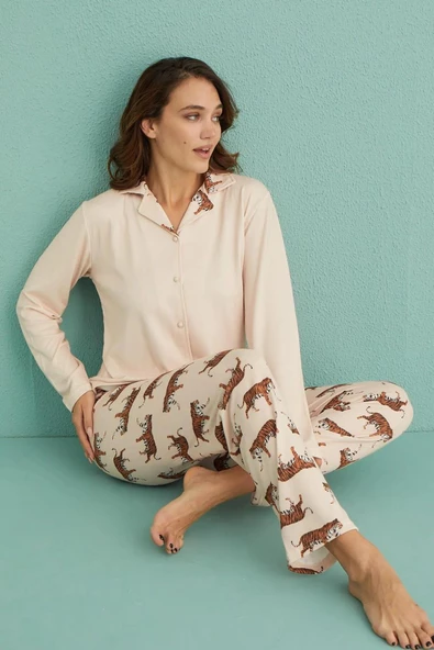 Mihra Kadın Gömlek Yaka TERMAL Pijama Takımı 14300/2 - 1 Adet  S - M Bej - Resim 2