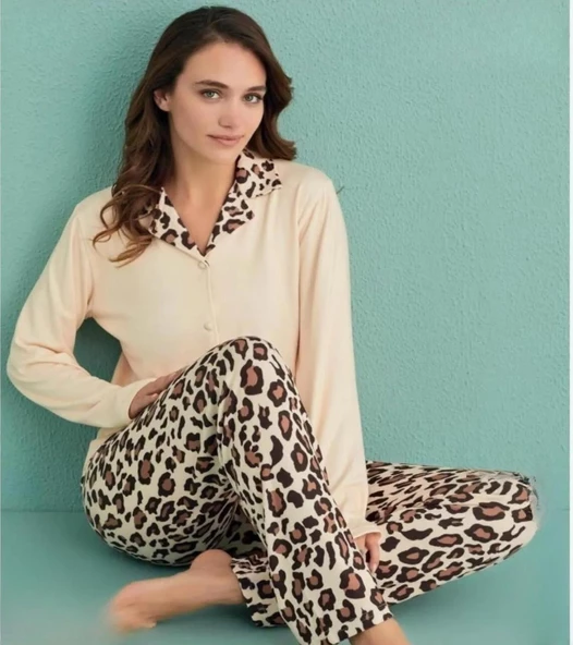 Mihra Kadın Gömlek Yaka TERMAL Pijama Takımı 14300/1 - 1 Adet  2XL Sarı