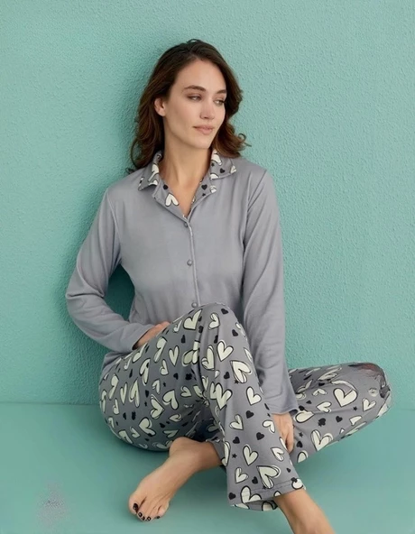 Mihra Kadın Gömlek Yaka TERMAL Pijama Takımı 14300/8 - 1 Adet  Gri S - M