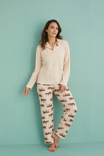 Mihra Kadın Gömlek Yaka TERMAL Pijama Takımı 14300/2 - 1 Adet  S - M Bej - Resim 3