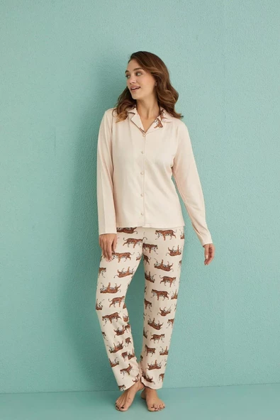 Mihra Kadın Gömlek Yaka TERMAL Pijama Takımı 14300/2 - 1 Adet  S - M Bej - Resim 4