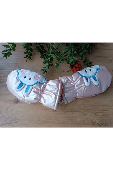 Kışlık su geçirmez içi Peluş Boyundan Askılı tavşan detay beyaz renk Bebek Eldiven - 8