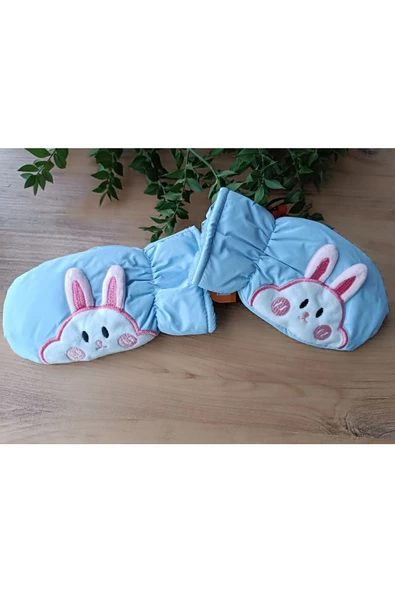 Kışlık su geçirmez içi Peluş Boyundan Askılı tavşan detay beyaz renk Bebek Eldiven - 3