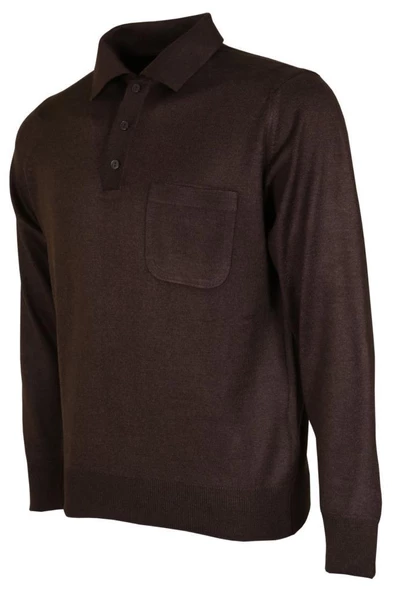 Erkek Kazak Polo Yaka Yünlü Koyu Kahverengi Klasik Normal Kesim RAR00684 - 3