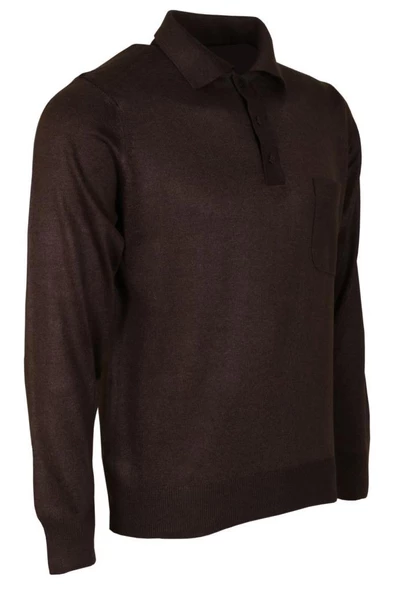 Erkek Kazak Polo Yaka Yünlü Koyu Kahverengi Klasik Normal Kesim RAR00684 - 2