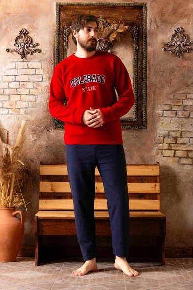 Sude Erkek Bisiklet Yaka Kışlık Polar Pijama Takımı A100/67 - 1 Adet  M Kırmızı - 2