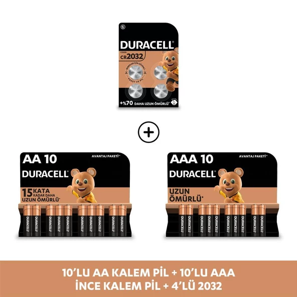 Duracell Alkalin AA Kalem Pil, 10 + AAA İnce Kalem Pil, 10 + 2032 Düğme Pil, 4