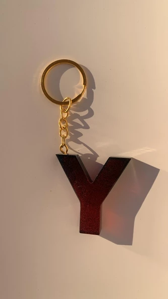 Y Harfi Kırmızı Renk Siyah Dumanlı Süs Gold Aksesuarlı Epoksi Anahtarlık El Yapımı Hediyelik ürün görseli