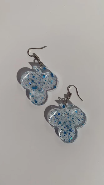 Mavi Simli Glitterli Şeffaf Iskambilde Sinek Şekil Epoksi Küpe 3 Cm Gümüş Aksesuarlı El Yapımı - Resim 3