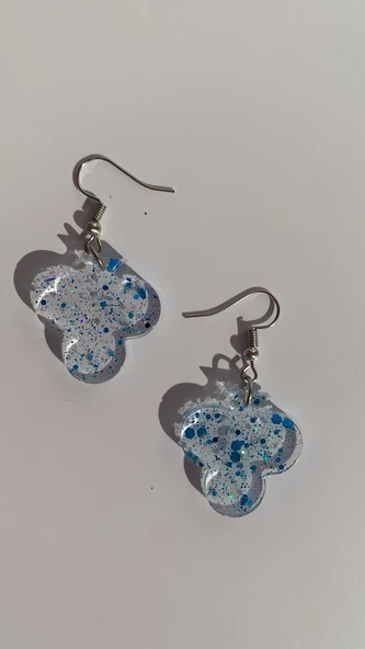 Mavi Simli Glitterli Şeffaf Iskambilde Sinek Şekil Epoksi Küpe 3 Cm Gümüş Aksesuarlı El Yapımı - Resim 6