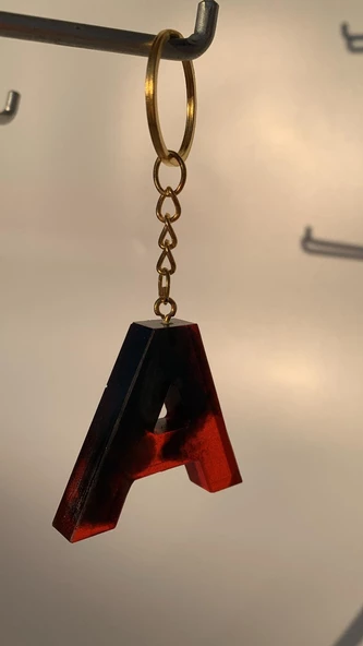 A Harfi Kırmızı Renk Siyah Dumanlı Süs Gold Aksesuarlı Epoksi Anahtarlık El Yapımı Hediyelik - Resim 8