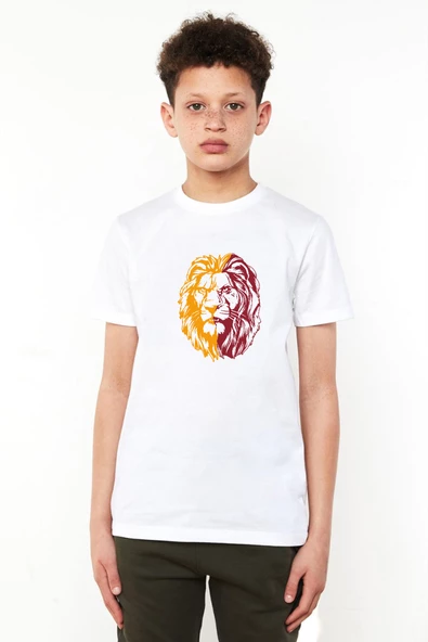 Sarı Kırmızı Aslan Beyaz Çocuk Bisikletyaka Tshirt