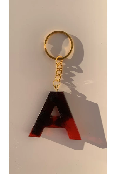 A Harfi Kırmızı Renk Siyah Dumanlı Süs Gold Aksesuarlı Epoksi Anahtarlık El Yapımı Hediyelik - Resim 3