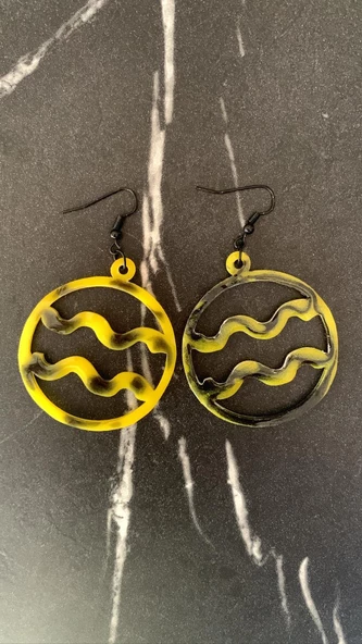 Siyah Sarı Renkli Ebruli Yuvarlak Şekil Kova Burcu Siyah Aksesuarlı Epoksi Küpe El Yapımı Hediyelik - Resim 6