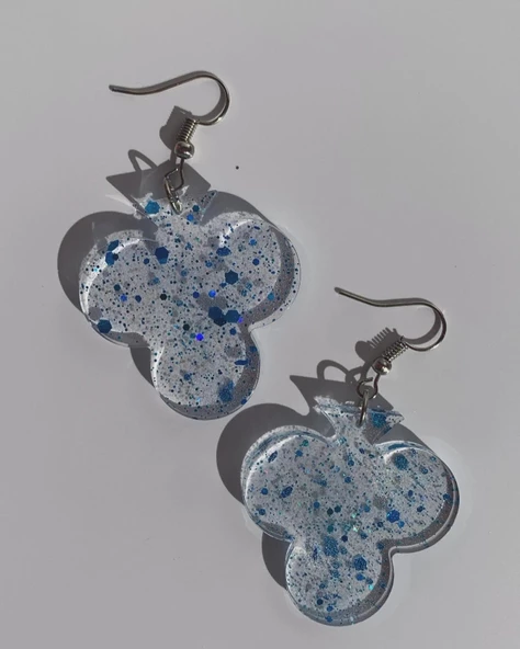 Mavi Simli Glitterli Şeffaf Iskambilde Sinek Şekil Epoksi Küpe 3 Cm Gümüş Aksesuarlı El Yapımı - Resim 4