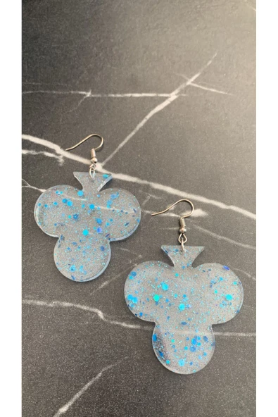 Mavi Simli Glitterli Şeffaf Iskambilde Sinek Şekil Epoksi Küpe 3 Cm Gümüş Aksesuarlı El Yapımı - Resim 5